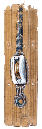 Aquarelles, encre et mine de plomb<br>
sur ancien livre de prière<br>
17 x 59 cm